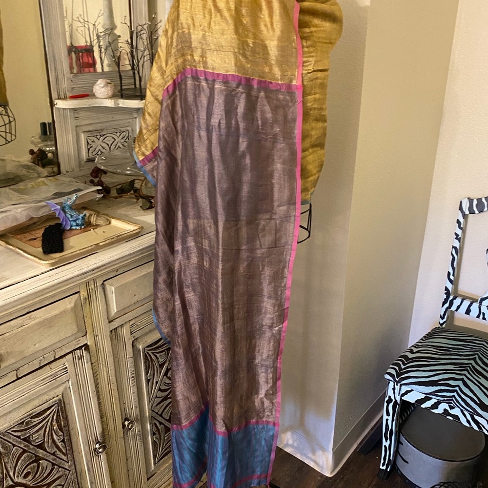 Handwoven Silk Scarf / Wrap in Gold, Purple , Blue & Pink - Picture 2 of 9
